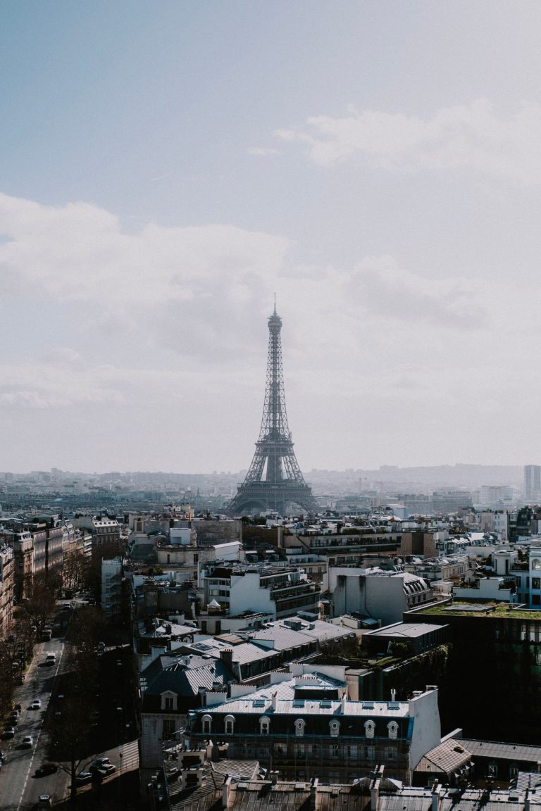 A panoramic view over Paris rooftops towards the Eiffel Tower