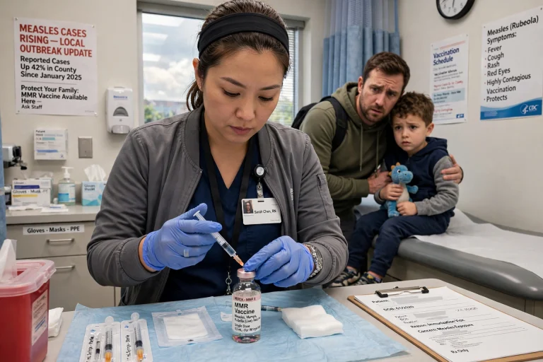 A healthcare worker prepares an MMR vaccine dose in a clinic as measles cases surge across the United States.