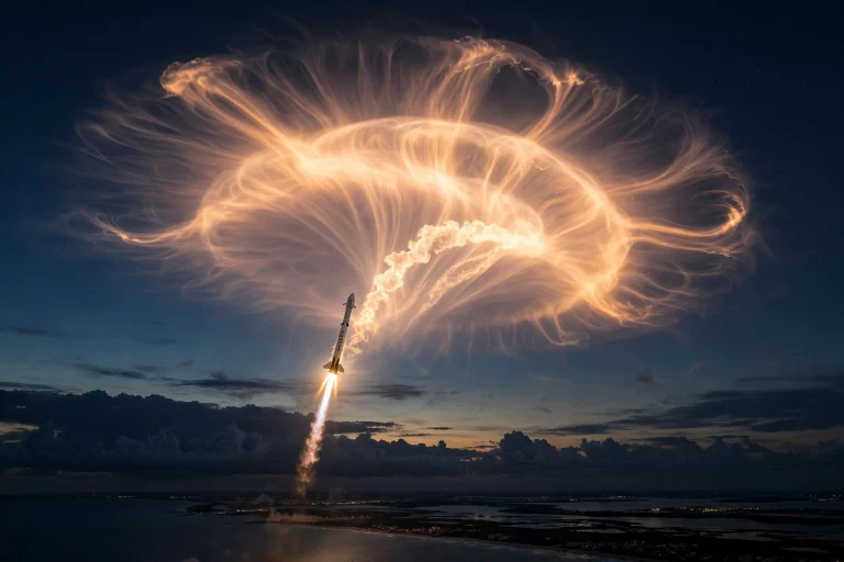 A glowing SpaceX Falcon 9 exhaust plume forms a jellyfish-shaped cloud in the twilight sky over the US east coast.